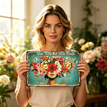 Grow Through Floral Woman Vintage Metal Wall Sign