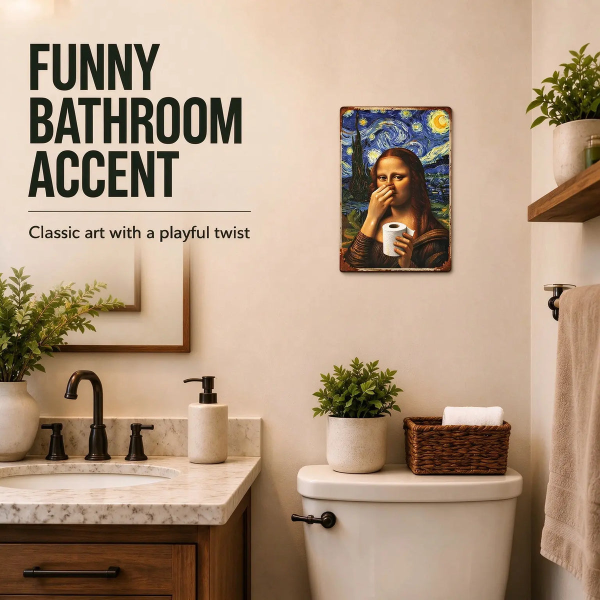 Funny Mona Lisa Starry Night Bathroom Wall Decor