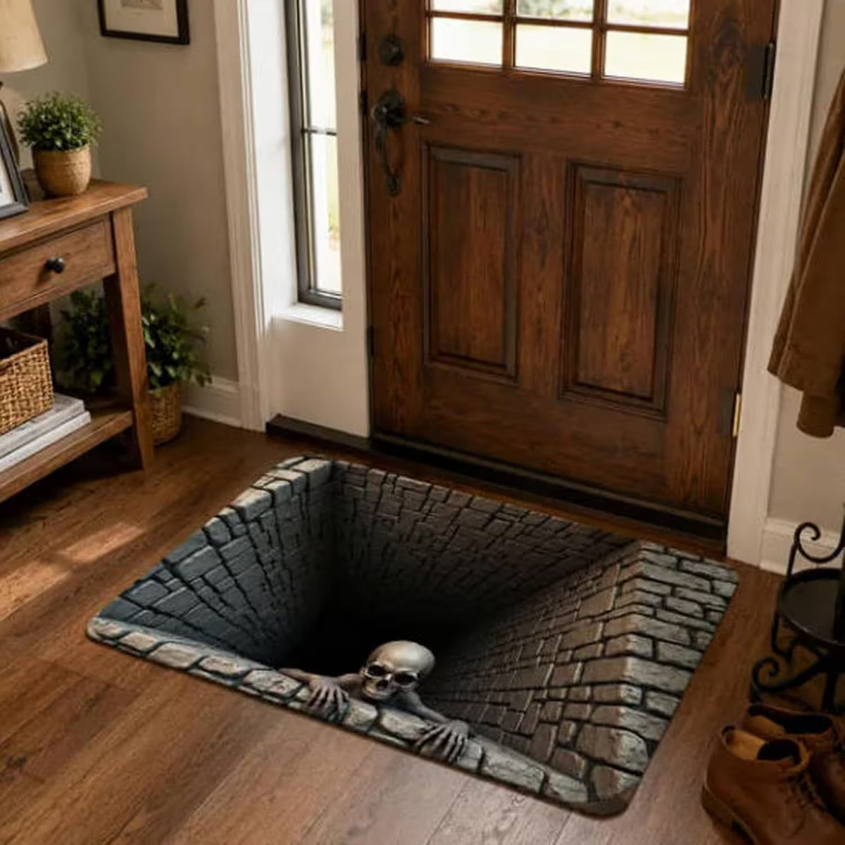 3D Optical Illusion Halloween Rug, Creepy Skeleton Ghost Deep Hole Non Slip Floor Mat