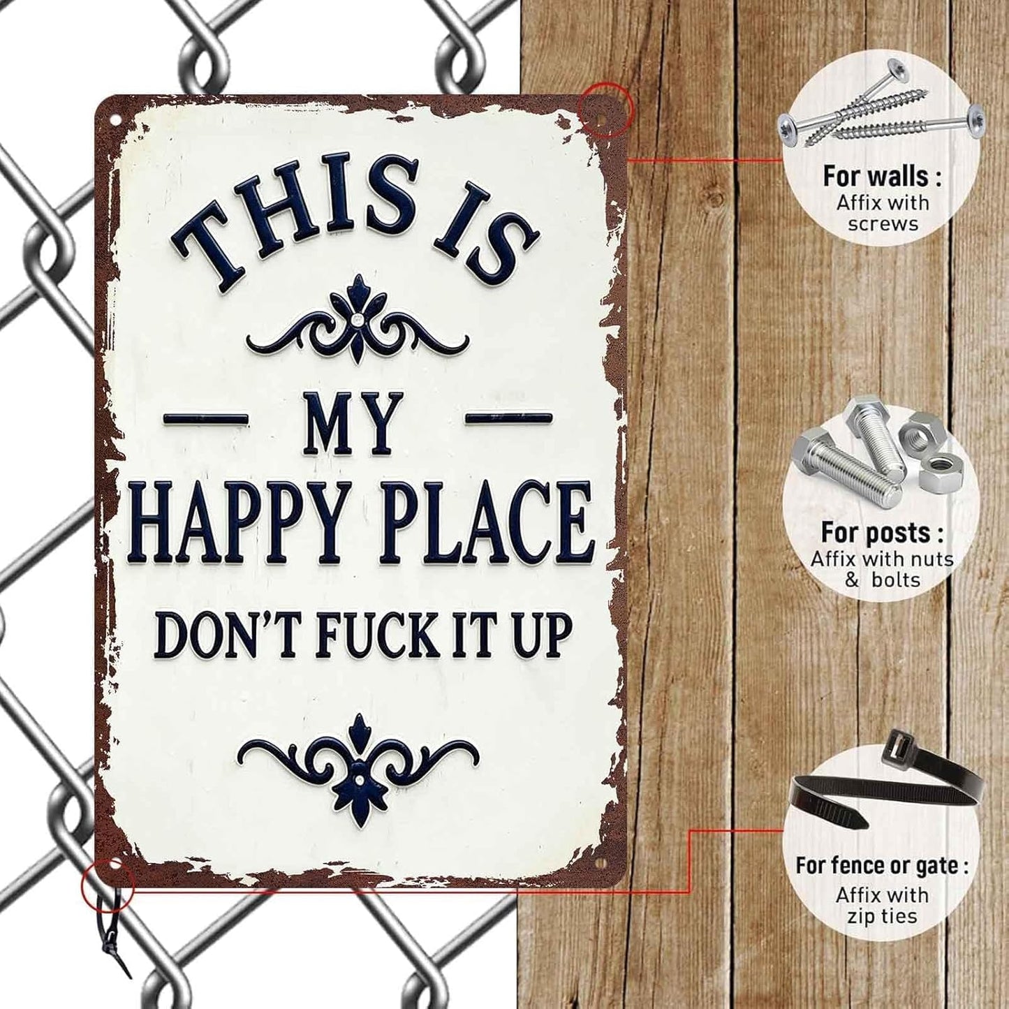 This Is My Happy Place Don’t F*ck It Up Metal Sign – Funny Garden Wall Decor
