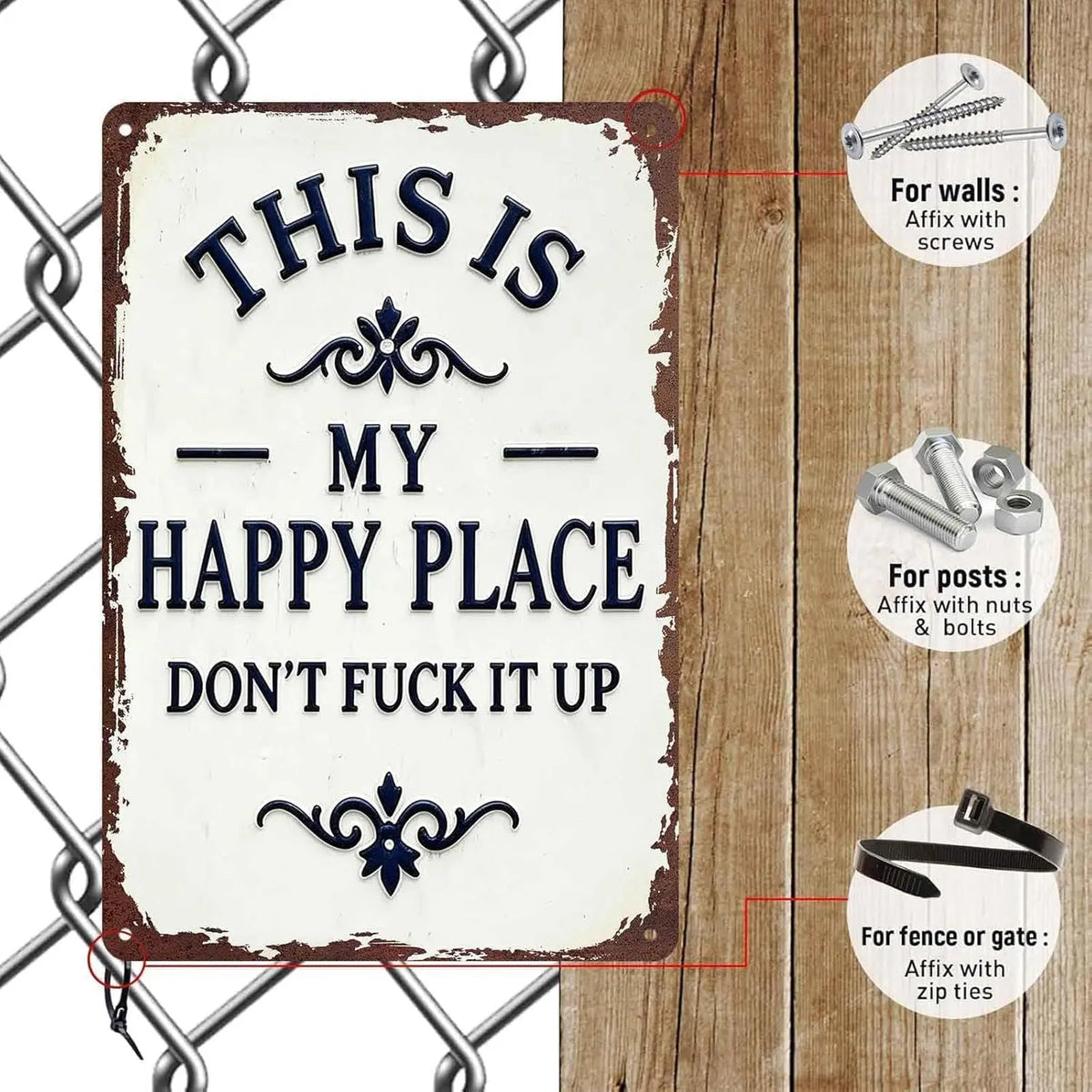 This Is My Happy Place Don’t F*ck It Up Metal Sign – Funny Garden Wall Decor