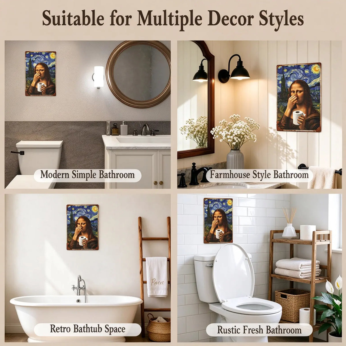 Funny Mona Lisa Starry Night Bathroom Wall Decor