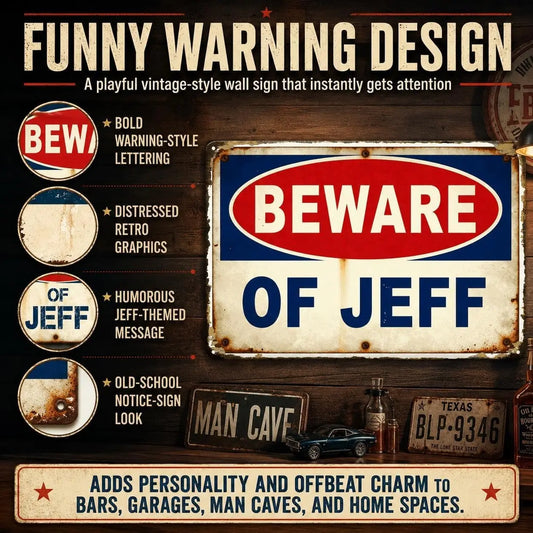 Beware of Jeff Creative Tin Sign – High-Quality Printing 8x12 Vintage Wall Decor