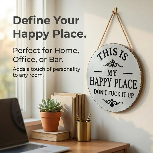 This Is My Happy Place Funny Round Metal Hanging Sign Vintage Farmhouse Decor