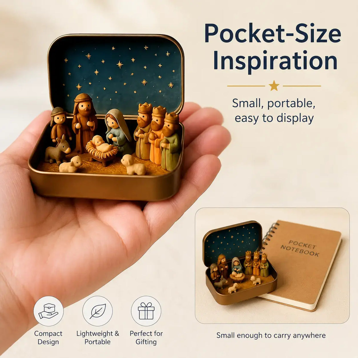 Pocket-Sized Mini Nativity Scene in Tin Box, Christmas Keepsake Gift