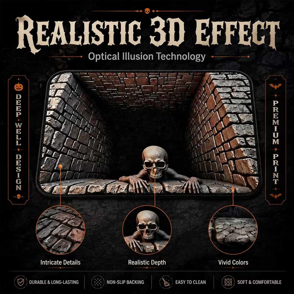3D Optical Illusion Halloween Rug, Creepy Skeleton Ghost Deep Hole Non Slip Floor Mat