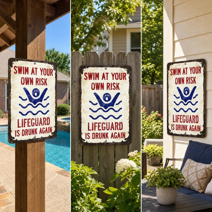 Swimming Pool Poster – Swim At Your Own Risk, Lifeguard Is Drunk Again
