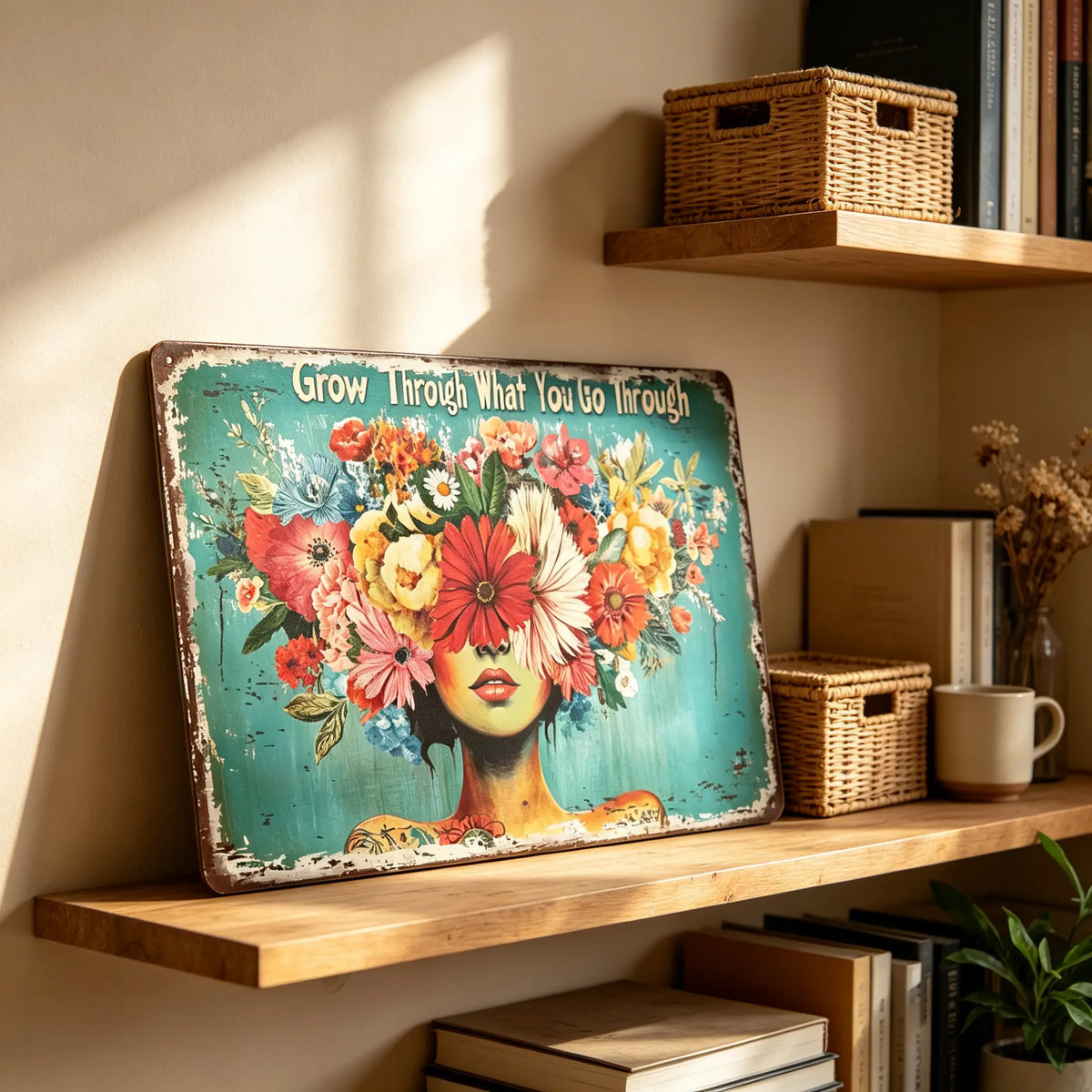 Grow Through Floral Woman Vintage Metal Wall Sign