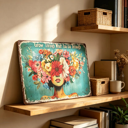 Grow Through Floral Woman Vintage Metal Wall Sign