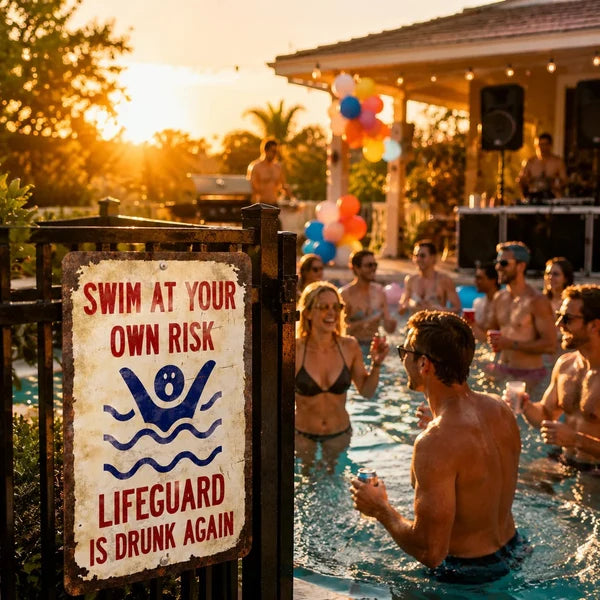 Swimming Pool Poster – Swim At Your Own Risk, Lifeguard Is Drunk Again