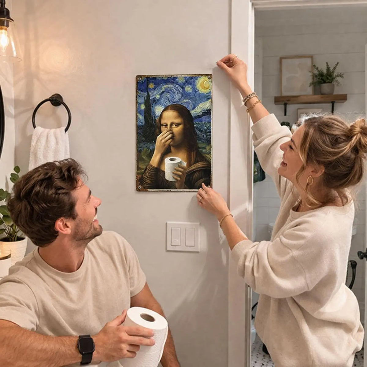 Funny Mona Lisa Starry Night Bathroom Wall Decor