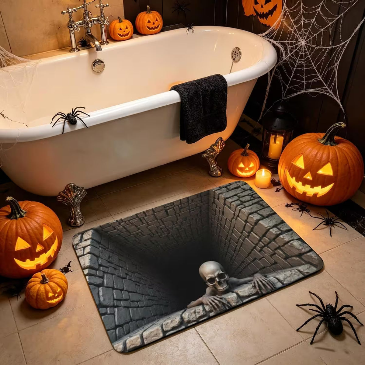 3D Optical Illusion Halloween Rug, Creepy Skeleton Ghost Deep Hole Non Slip Floor Mat