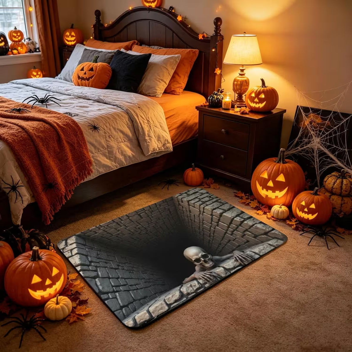 3D Optical Illusion Halloween Rug, Creepy Skeleton Ghost Deep Hole Non Slip Floor Mat
